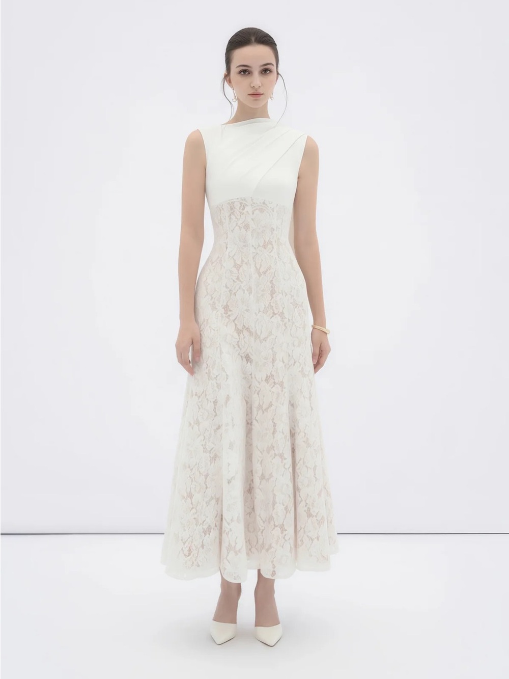 Ivory Lace Maxi Dress with Sleek Bodice